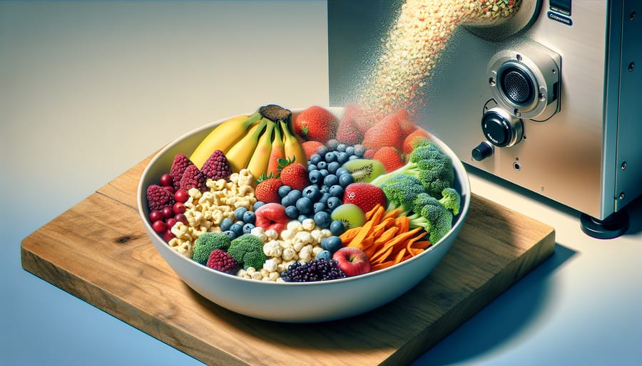 Close-up of fresh Alberta berries and vegetables in a bowl with a freeze-drying machine in the background, highlighting the quality ingredients available in Calgary for a freeze-dried treats business.