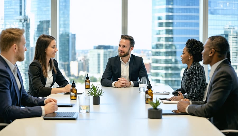 Business professionals discussing CBD investment opportunities around a conference table