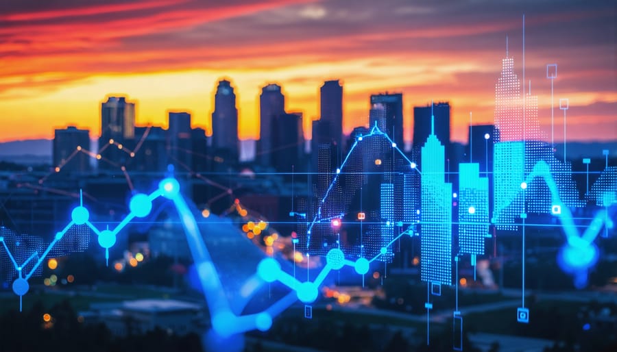 Calgary skyline at sunset with overlaid growth charts and CBD molecule structure, symbolizing the potential of the emerging CBD oil market in the city.