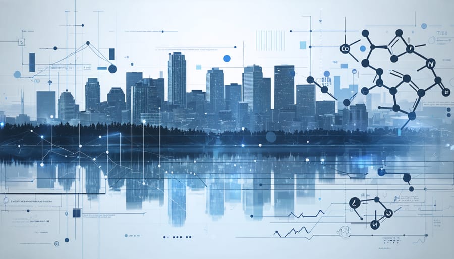 Composite image of Calgary's business district with CBD investment growth charts