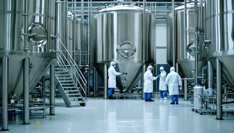 Industrial CBD oil extraction and processing facility with quality control specialists at work